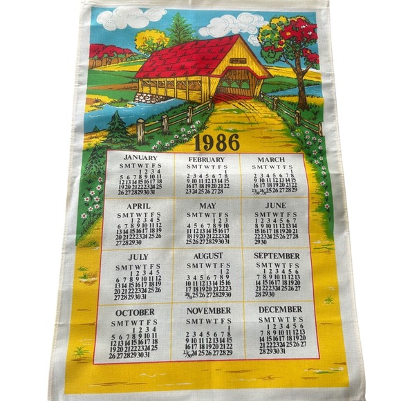 1986 Vintage Calendar Kitchen Towel Covered Bridge Rural Scene Grandmacore Linen - Picture 2 of 4